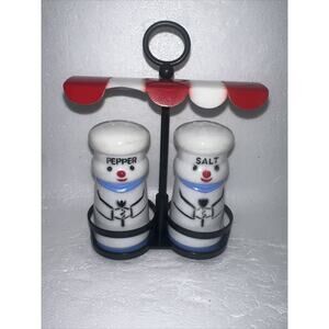 Vintage Chef Salt Pepper Shakers with Holder Canopy Awning - 1960’s Hong Kong